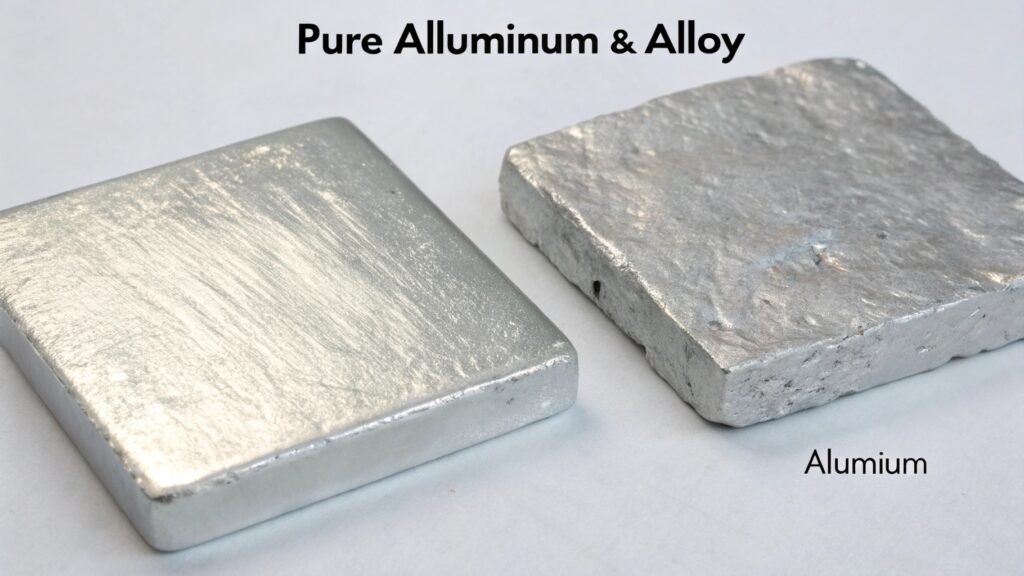 A hand easily bending a bar of pure aluminum, contrasted with a heavy weight failing to deform a forged aluminum alloy part.